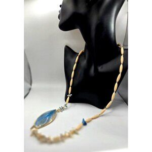 Stunning Artisan made Agate Opalite and Bone antique necklace 26" 1950s